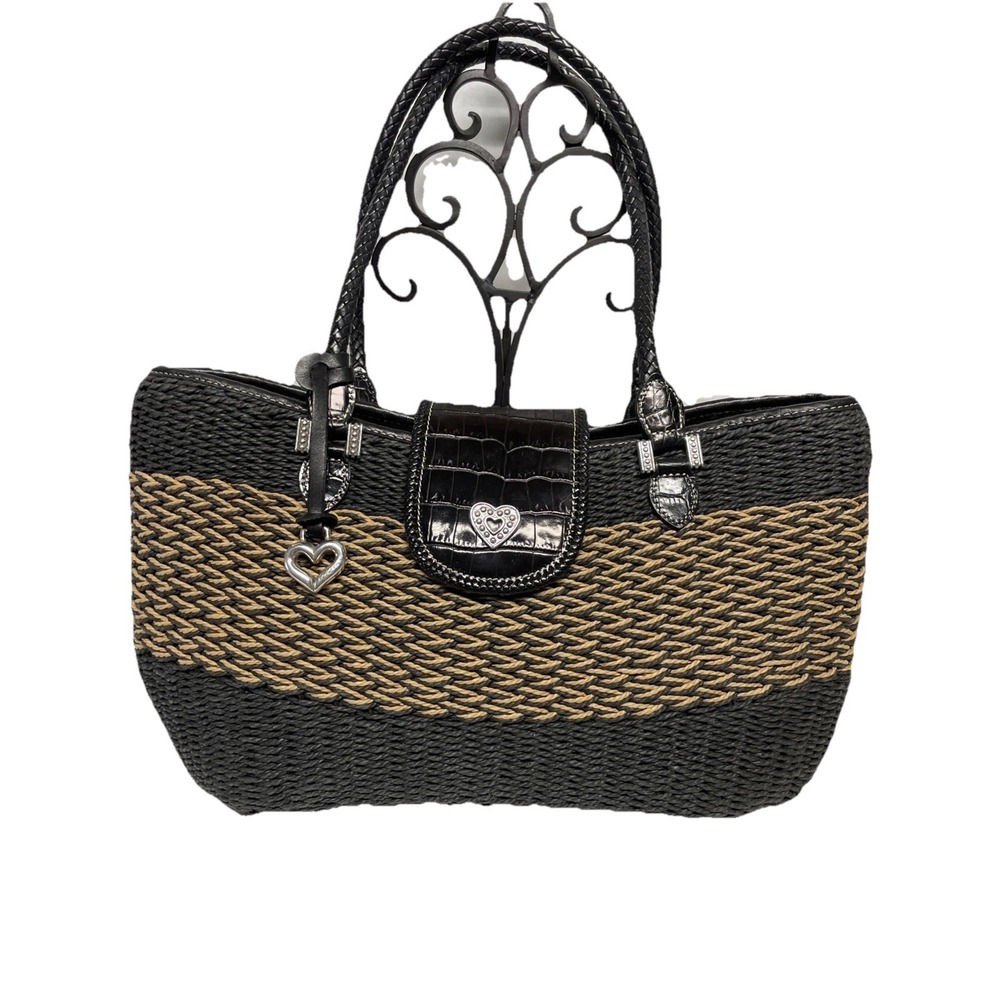 BRIGHTON Savannah Straw Tote Black & Beige Basket Weave Large Handbag Purse